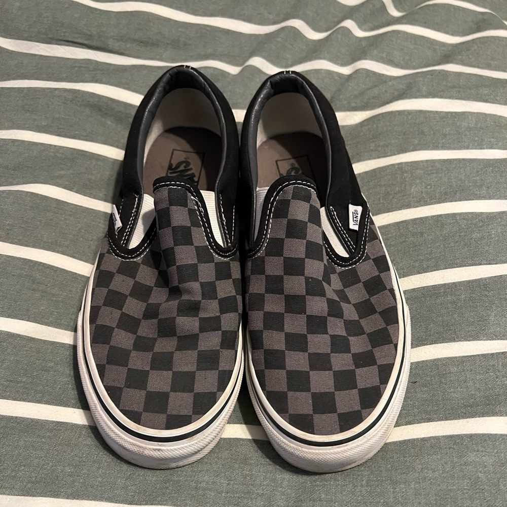 Vans grey and black checkerboard classic slip one
